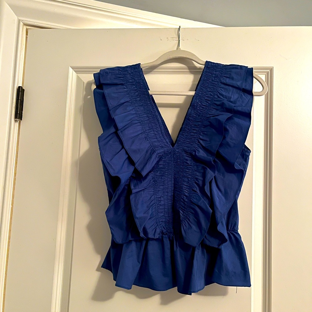 IMPECCABLE PIG Double-V Double-Ruffle Blue Showstopper Top, Size M